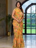 Orange Slime Georgette Readymade Gown Saree